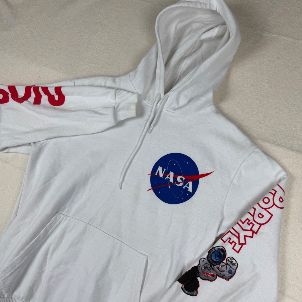 Popeye x NASA White Hoodie Mens Medium Astronaut Graphic Pullover Sweatshirt